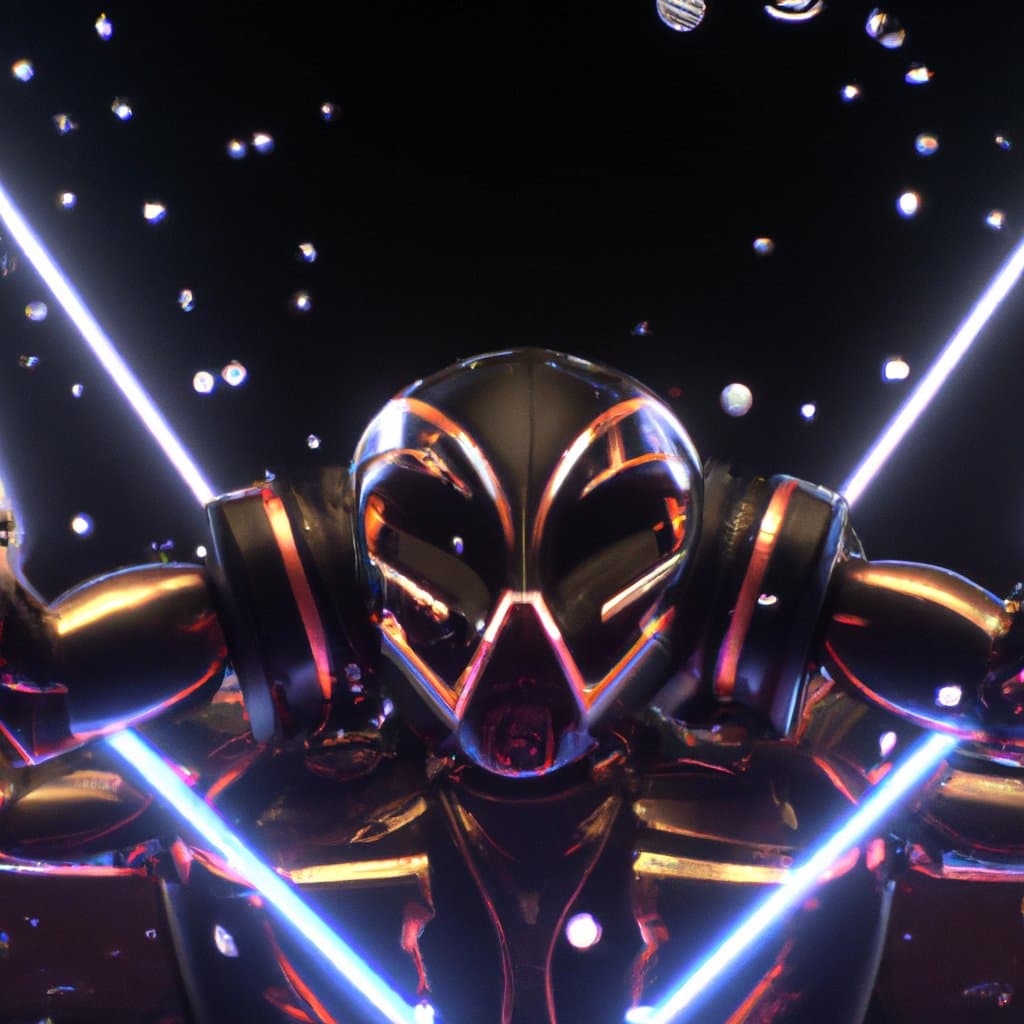 A close-up photograph of a glossy black robot with glowing orange accents on its face, illuminated by bright blue laser beams in a dark, sparkling environment.