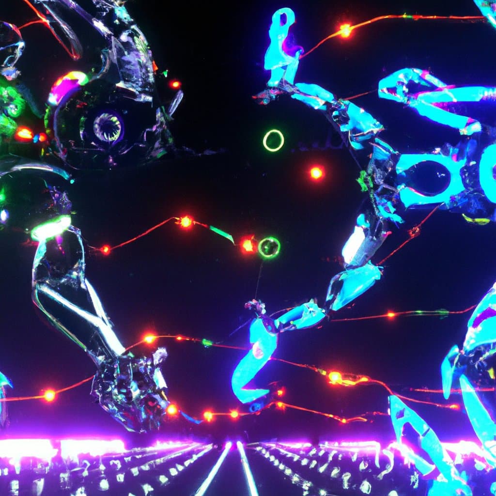 A low-angle, wide-angle photograph taken at night showing a large, illuminated robot structure with glowing blue and white segments and red lights, set against a dark sky above a brightly lit stage or festival area.