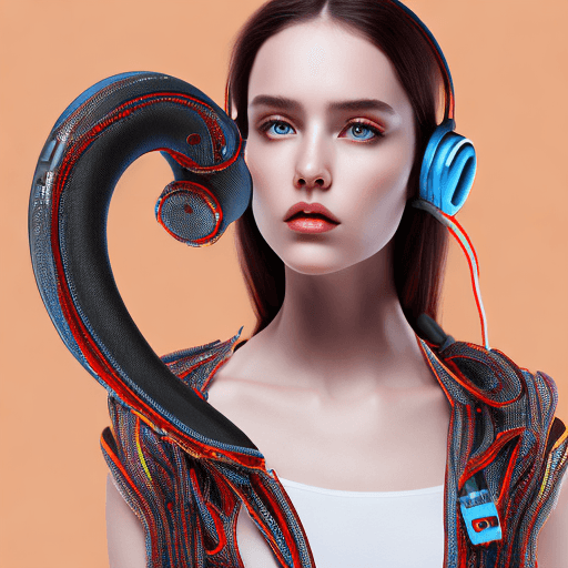 A digital illustration of a woman with blue eyes and red hair wearing futuristic, circuit-like clothing and blue headphones, with a large, stylized robotic arm or cable extending from her shoulder against a peach background.