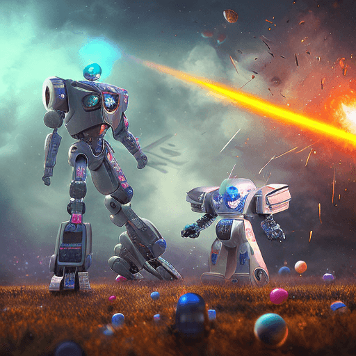 A digital illustration depicting two humanoid robots in a battle scene, with one robot firing a bright orange laser beam from its head. The robots stand on a textured, brownish ground scattered with colorful spheres, set against a dramatic background of smoke, fire, and debris.