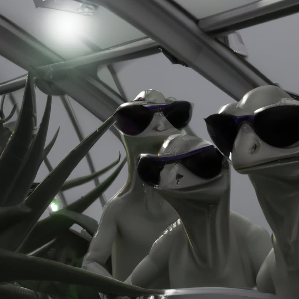 A low-angle photograph showing three white, alien-like figures wearing dark sunglasses, positioned next to a spiky green plant under a bright light fixture.