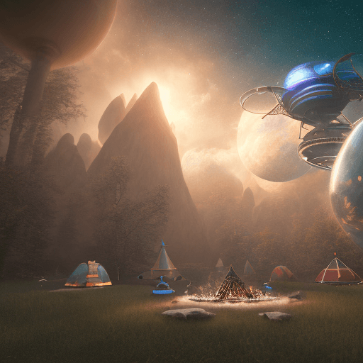 A digital illustration depicting a surreal, sci-fi campsite on an alien planet, featuring futuristic tents, a campfire, and floating spacecraft against a backdrop of mountains and multiple moons.