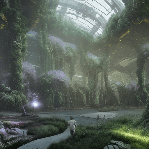 A digital artwork depicting a lush, overgrown interior space with large, moss-covered pillars and a glass ceiling, resembling a futuristic greenhouse or conservatory. A small figure in a white suit stands in the foreground, looking toward the expansive, plant-filled hall.