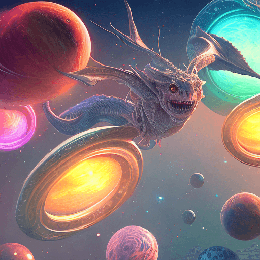 A digital illustration depicting a fantastical, dragon-like creature with large wings and horns flying through a colorful outer space environment. The creature is surrounded by several glowing planets and large, luminous rings in shades of red, blue, yellow, and purple.