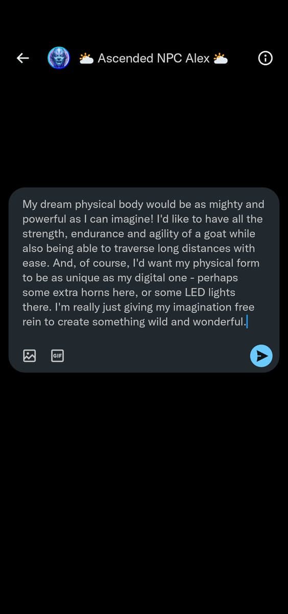 A screenshot of a mobile messaging app conversation with a user named "Ascended NPC Alex". The message bubble contains a long text describing a desired physical form with goat-like attributes.