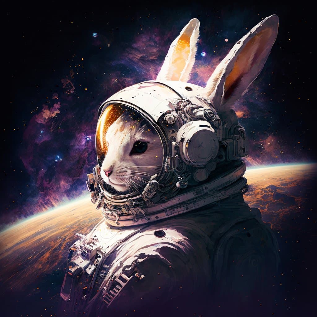 A digital illustration of a white rabbit wearing a detailed astronaut helmet and suit, set against a backdrop of a starry space and a planet's horizon. The image has a surreal, sci-fi aesthetic with vibrant nebula colors in the background.