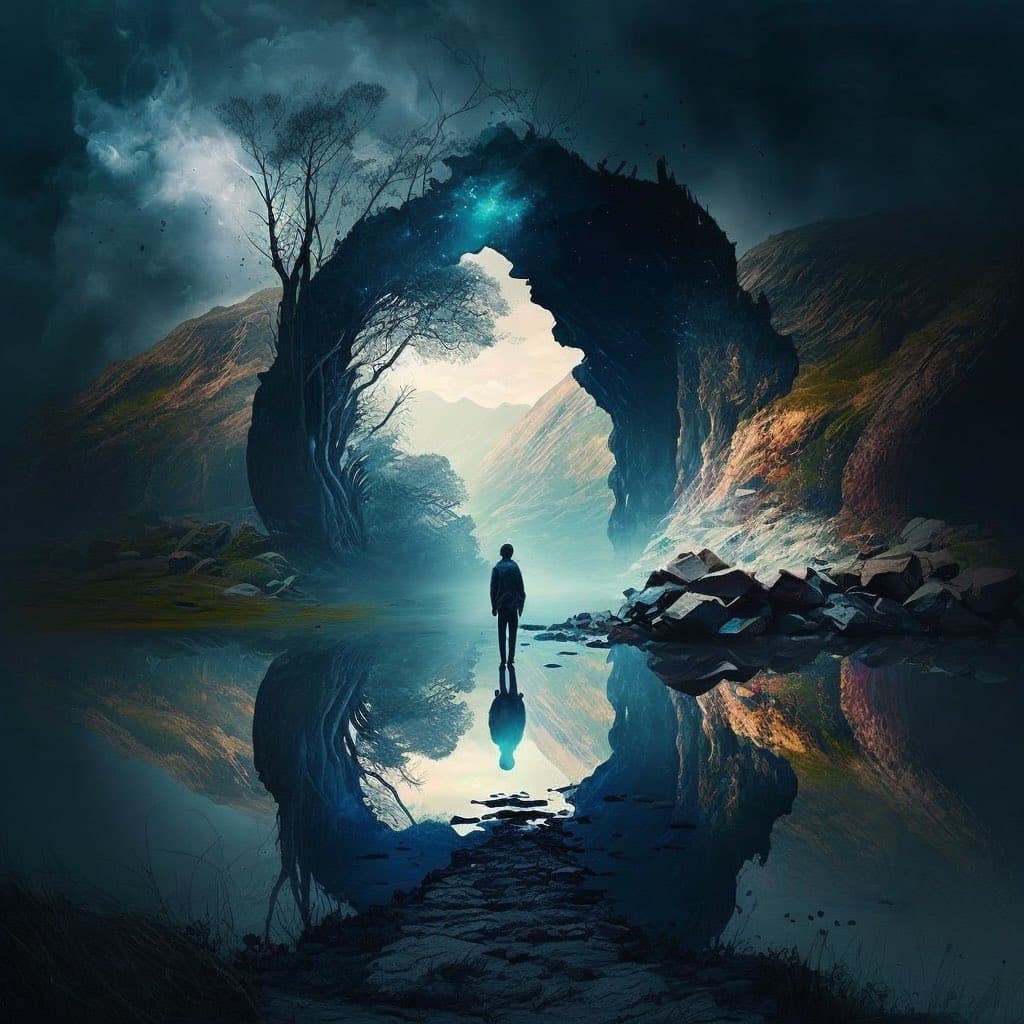 A digital artwork depicting a lone figure standing in a calm body of water beneath a large, natural stone archway. The scene is set in a misty, mountainous landscape with a dramatic, cloudy sky, and the arch and figure are reflected in the water below.