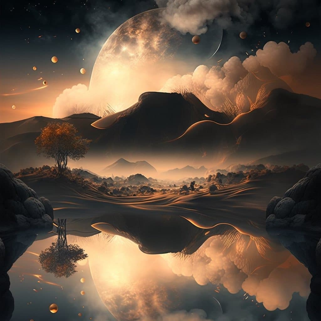 A surreal digital artwork depicting a dreamlike alien landscape with a large glowing planet, floating orbs, and rolling hills reflected in a calm body of water. A lone tree stands on a rocky outcrop, with its reflection visible in the foreground. The scene is bathed in warm, golden light with dramatic clouds and a starry sky.