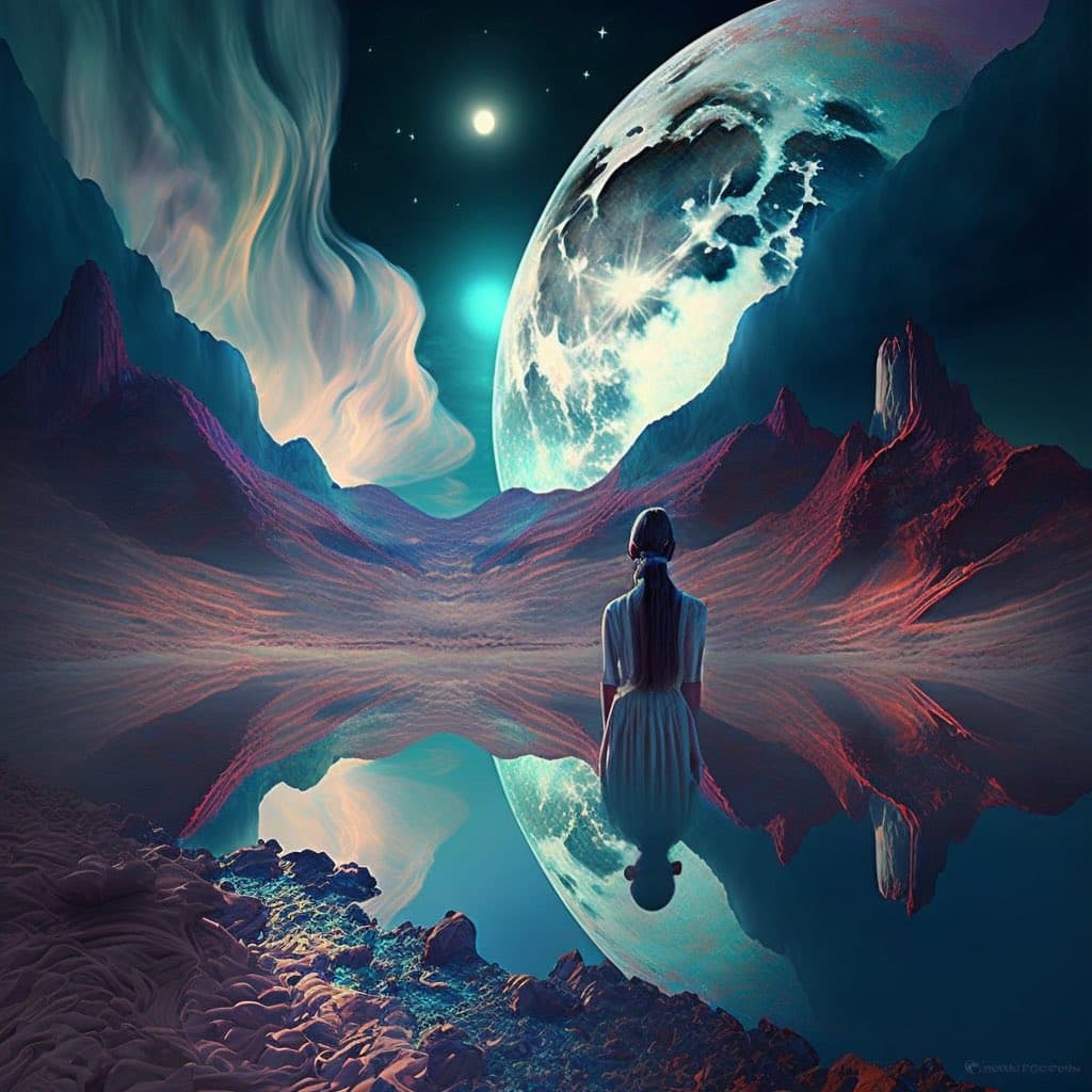 A digital fantasy illustration depicting a person in a white dress standing on a rocky ledge, gazing at a massive, glowing planet and swirling nebulae in a dark sky. The scene is reflected in a body of water below, creating a symmetrical composition with vibrant red and blue hues.