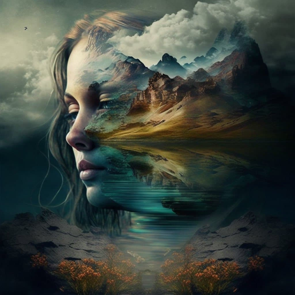 A surreal digital artwork featuring a double exposure of a woman's profile blended with a mountain landscape, including peaks, clouds, and a reflective body of water. The image has a moody, atmospheric tone with earthy and cool tones.