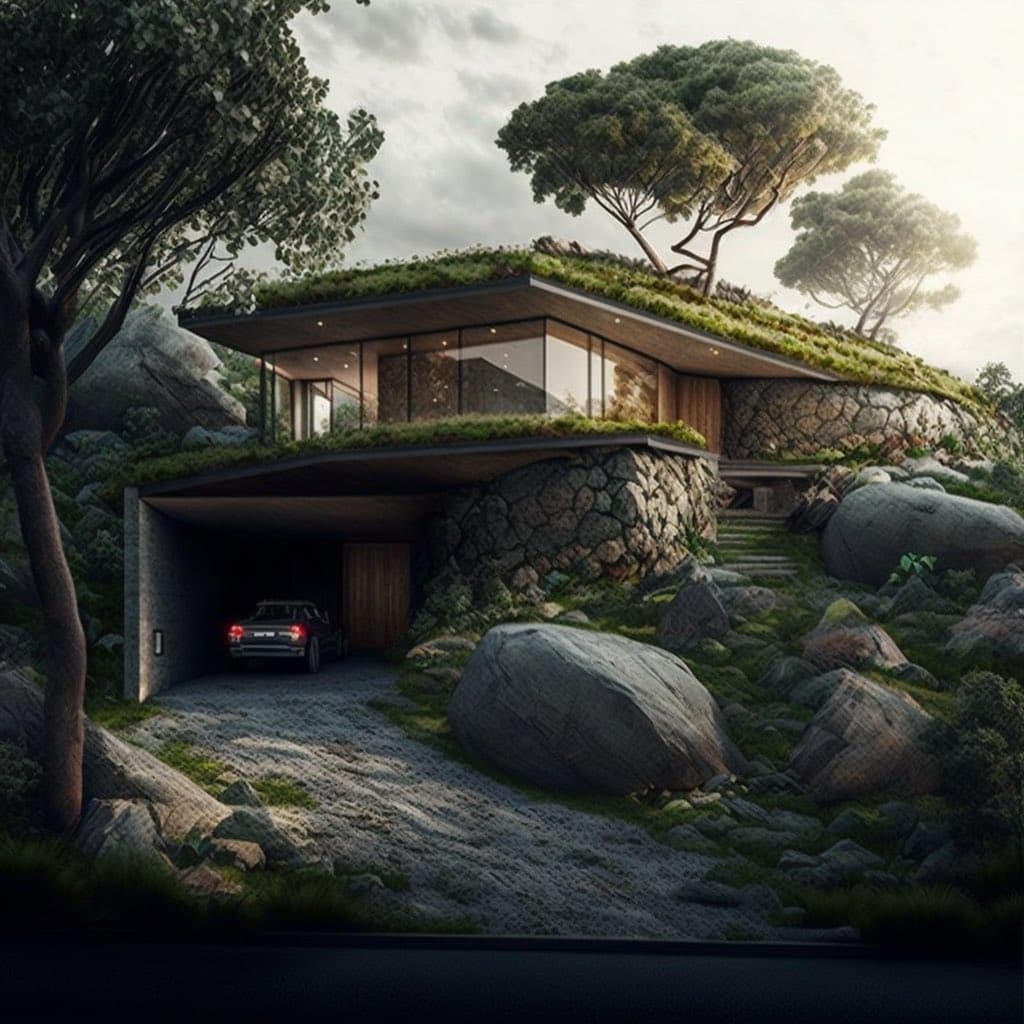 A digital rendering of a modern, eco-friendly house built into a rocky hillside, featuring a green living roof, large glass windows, and a stone facade. A dark SUV is parked in the open garage entrance, and the structure is surrounded by large boulders and trees under a cloudy sky.