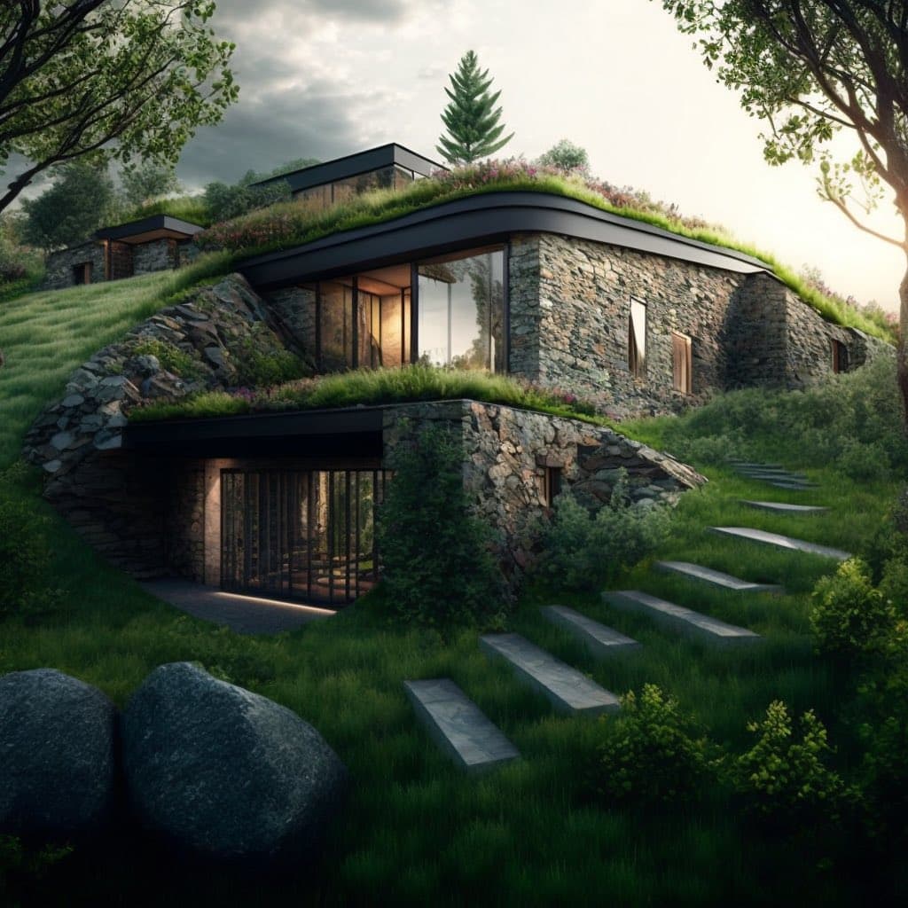 A digital rendering of a modern, multi-level stone house built into a grassy hillside, featuring a green roof, large glass windows, and a stone pathway leading to the entrance. The structure is surrounded by lush greenery and trees under a cloudy sky.