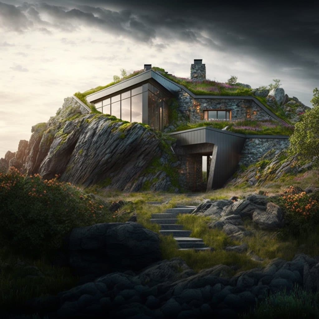 A digital rendering of a modern, eco-friendly house built into a rocky hillside, featuring a green roof, large glass windows, and stone walls. A stone pathway leads up to the entrance, surrounded by wildflowers and rugged terrain under a dramatic, cloudy sky.