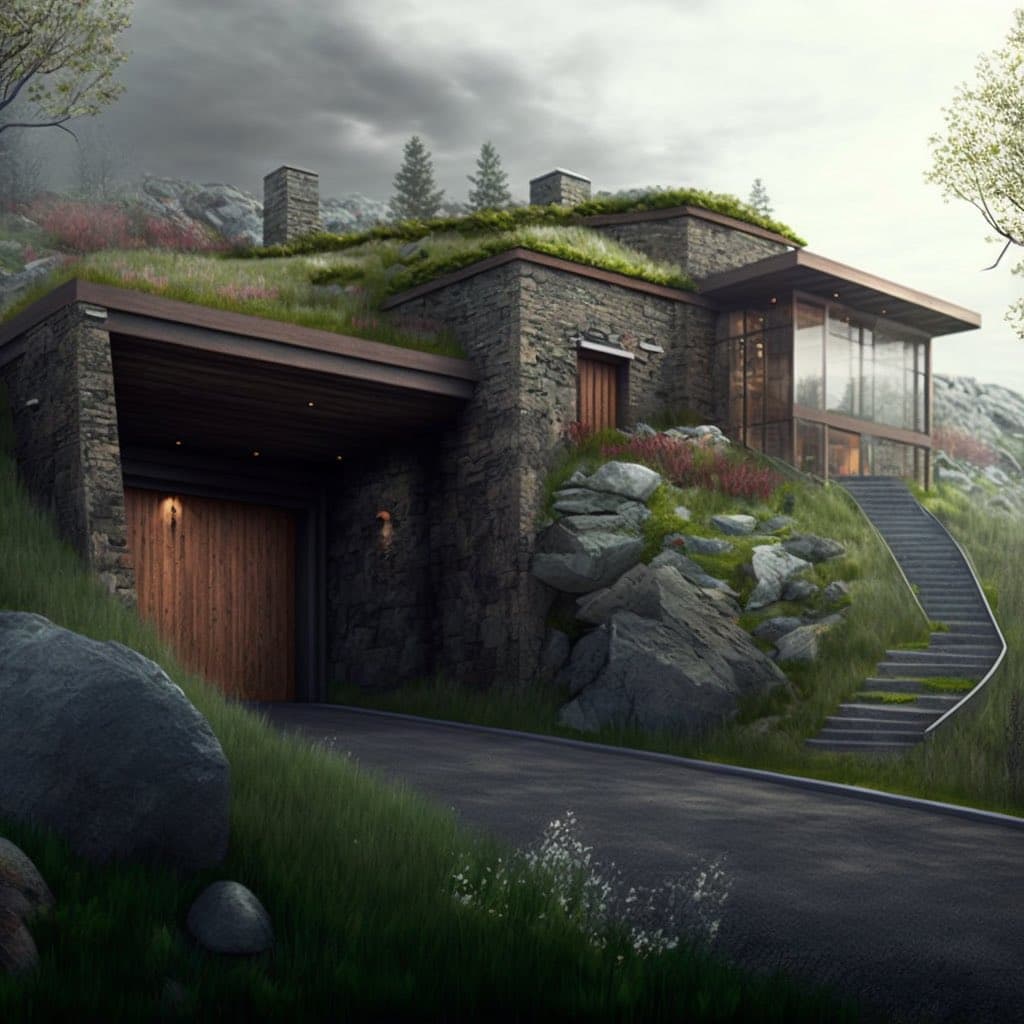 A digital architectural rendering of a modern, stone-clad house built into a grassy hillside, featuring a green living roof, large glass windows, and a wooden garage door. The structure is surrounded by large boulders, a paved driveway, and a stone staircase leading up to the entrance under an overcast sky.