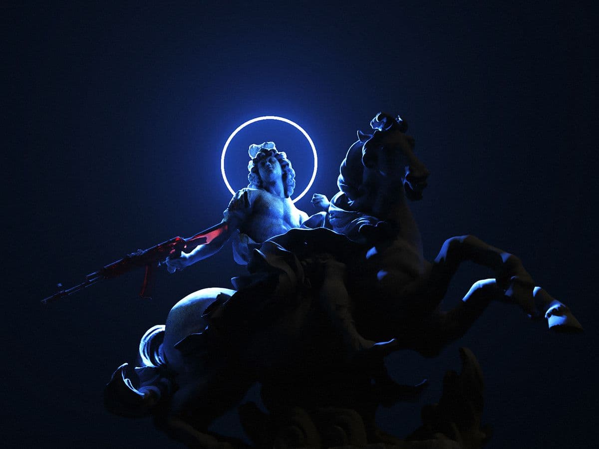 A dramatic, low-key photograph of a classical statue depicting a figure on a rearing horse, holding a rifle and illuminated by a glowing blue halo against a dark background.