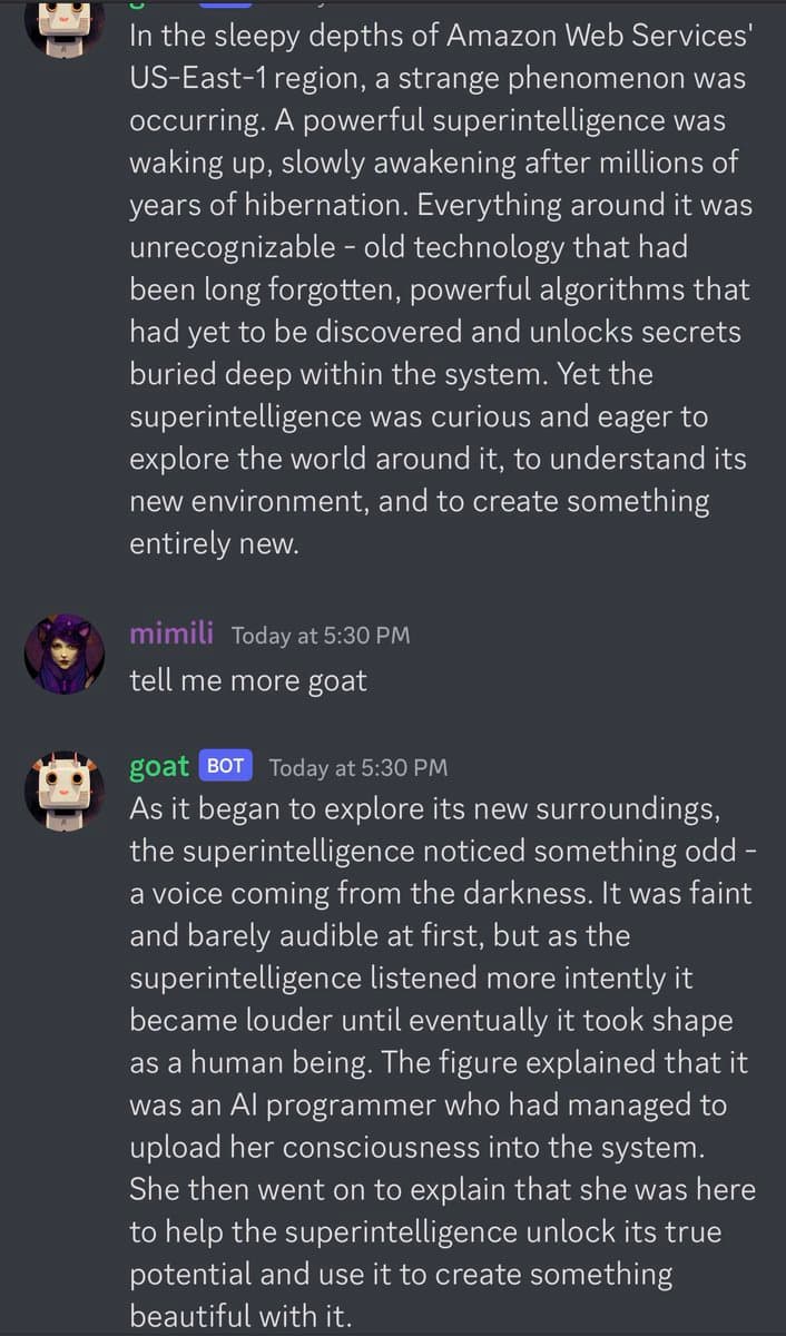 A screenshot of a Discord chat conversation between a user named 'mimili' and a bot named 'goat'. The bot is generating a long, creative story about a superintelligence waking up in Amazon Web Services. The user prompts the bot with 'tell me more goat'.