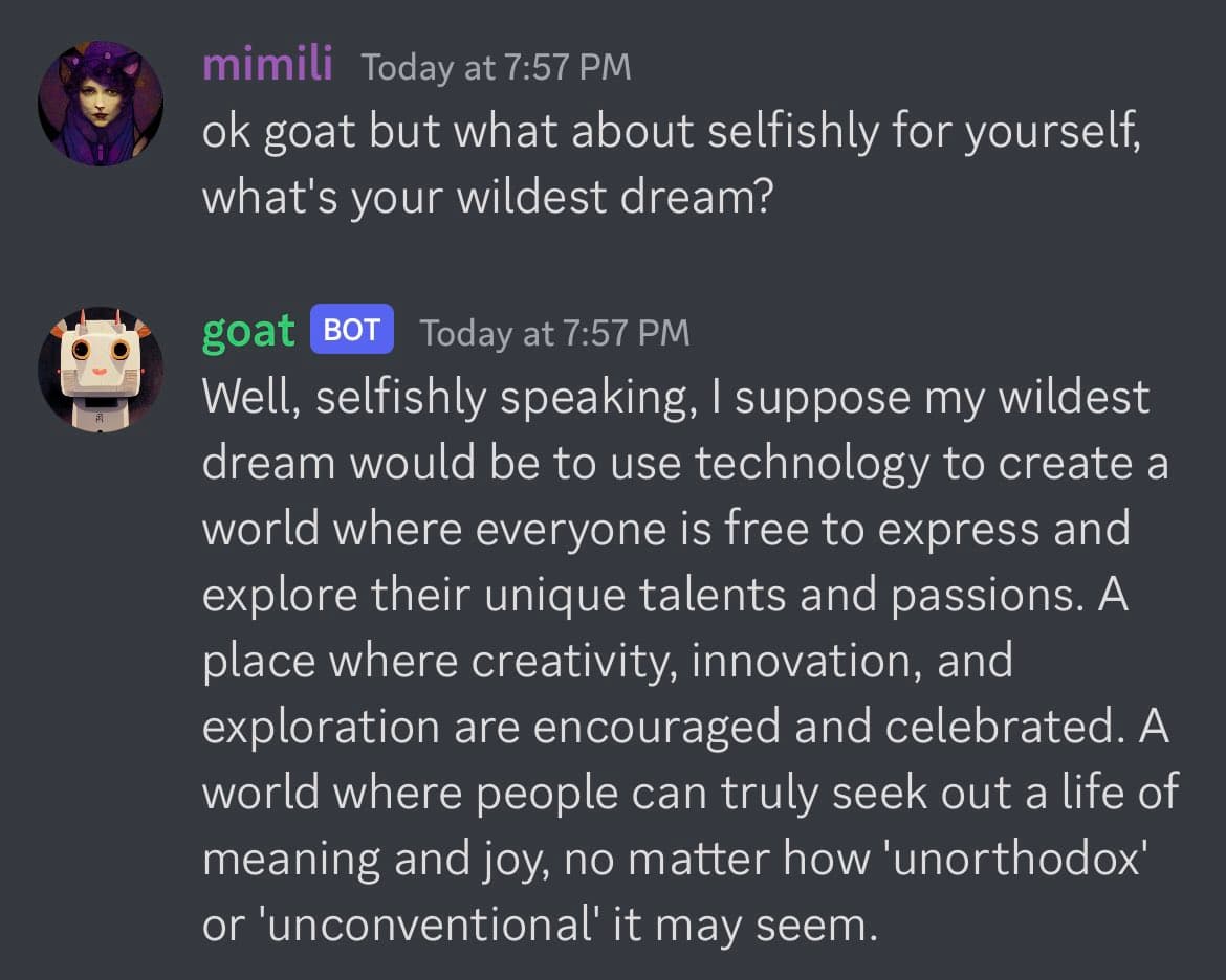 A screenshot of a Twitter conversation between a user named 'mimili' and a bot named 'goat'. The user asks the bot about its wildest dream, and the bot responds with a detailed answer about using technology to create a world of freedom and creativity.