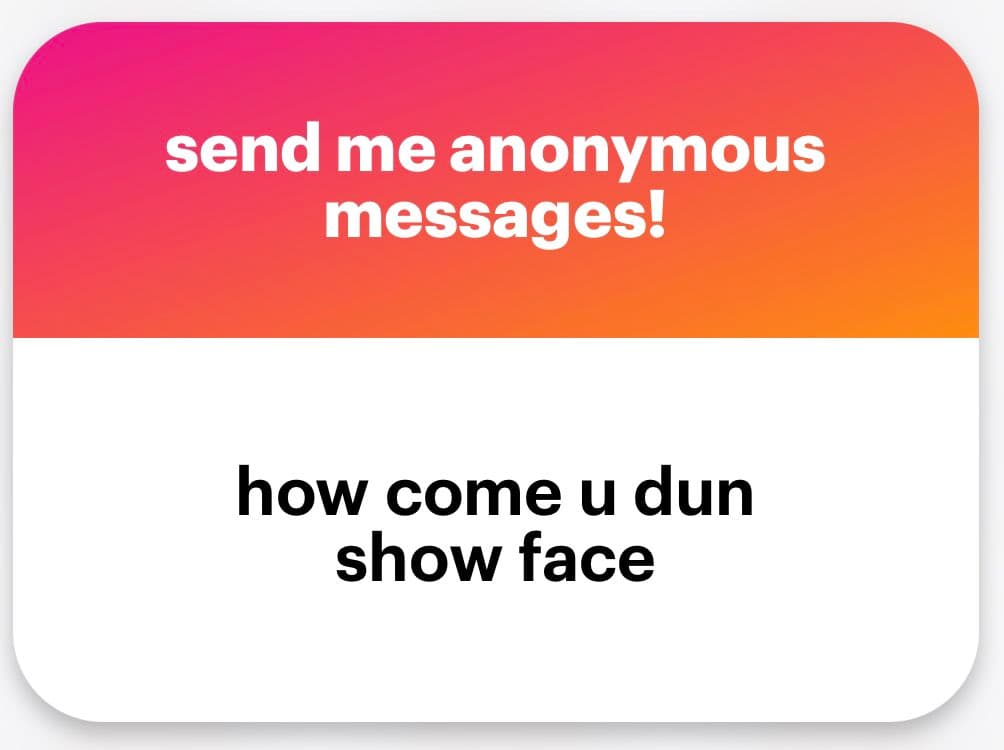 A screenshot of a social media interface, likely a Twitter profile or bio card, featuring a pink-to-orange gradient header and a white body. The image is a text-based graphic used to communicate a preference for anonymity.