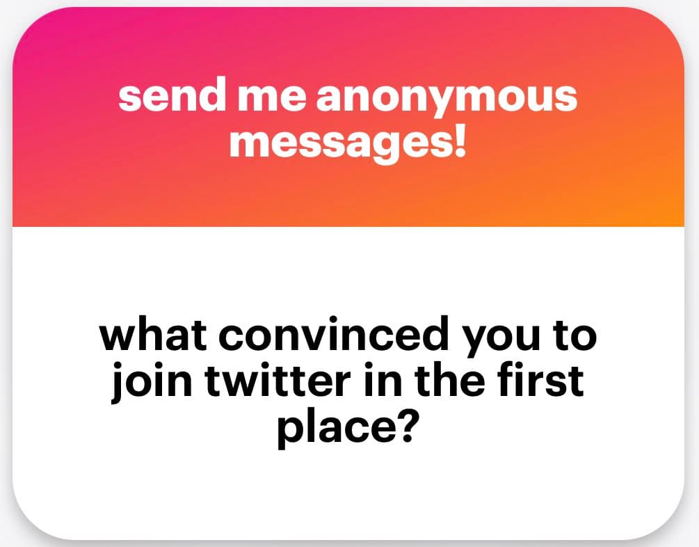 A graphic with a pink-to-orange gradient header and a white body, designed to solicit anonymous responses to a question.