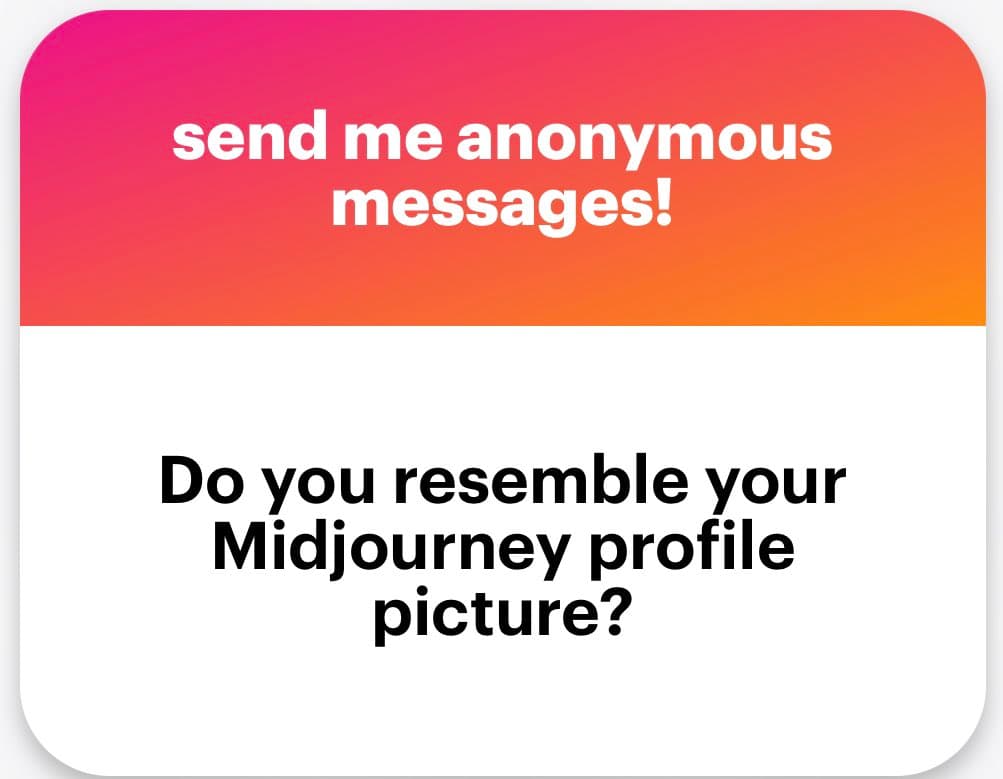 A text-based social media graphic with a pink-to-orange gradient header and a white body. The image poses a question about resemblance to a Midjourney profile picture.