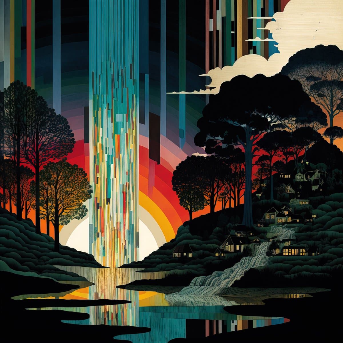 A stylized digital illustration depicting a vibrant sunset over a landscape with silhouetted trees and houses on a hillside. A prominent, colorful waterfall cascades from the sky into a body of water in the foreground, reflecting the rainbow hues of the sky.