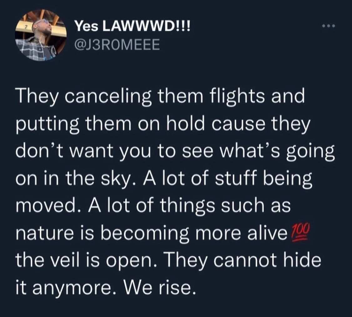 A screenshot of a social media post from the user "Yes LAWWWD!!!" (@J3ROME EE). The post contains a text message about flight cancellations and a spiritual awakening.