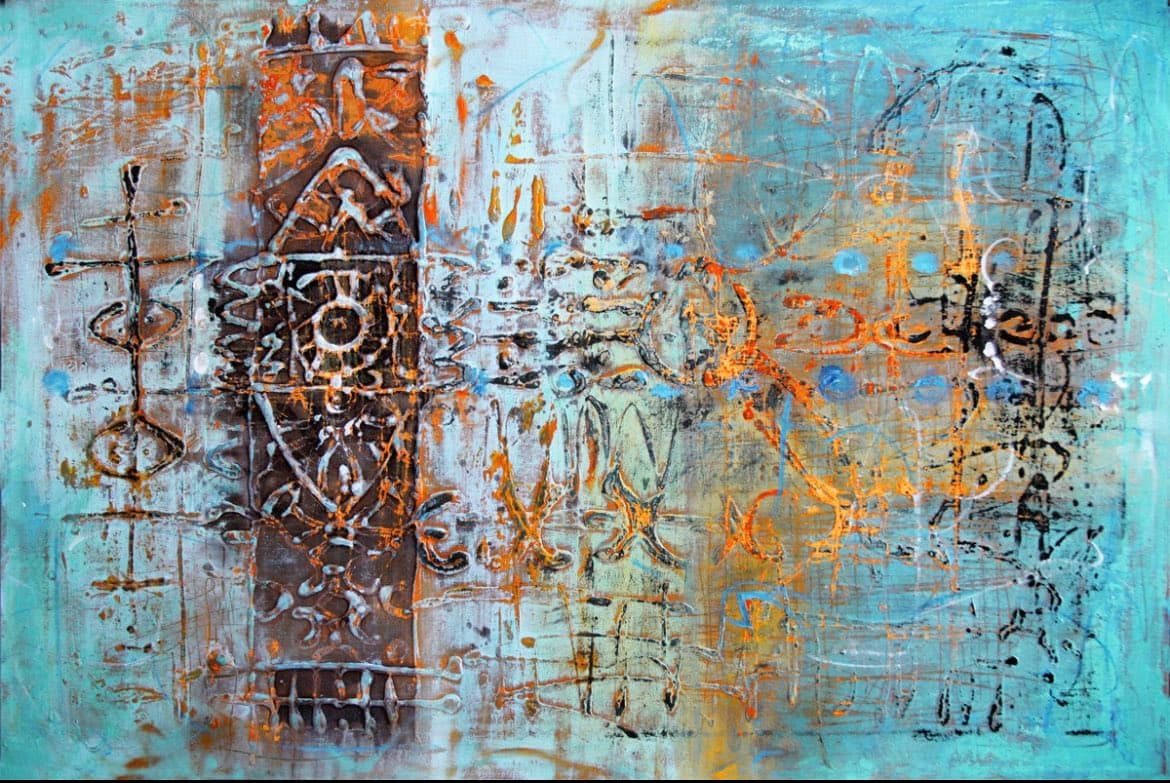 An abstract painting featuring textured, layered brushstrokes in shades of blue, white, orange, and brown. The composition includes a prominent vertical brown band on the left with intricate, symmetrical patterns, while the rest of the canvas displays more fluid, gestural marks and splatters.