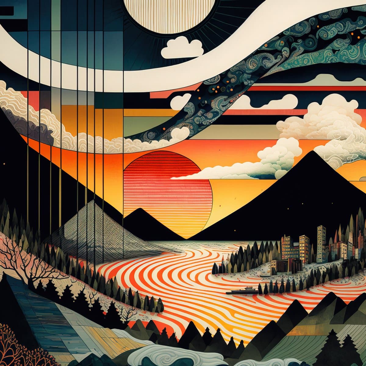 A stylized digital illustration depicting a surreal landscape with a large red sun, black mountains, and a river with orange and white wavy patterns. The scene includes a small city on the right, a forest, and a large, abstract celestial structure in the sky featuring a white crescent shape and a patterned ribbon.