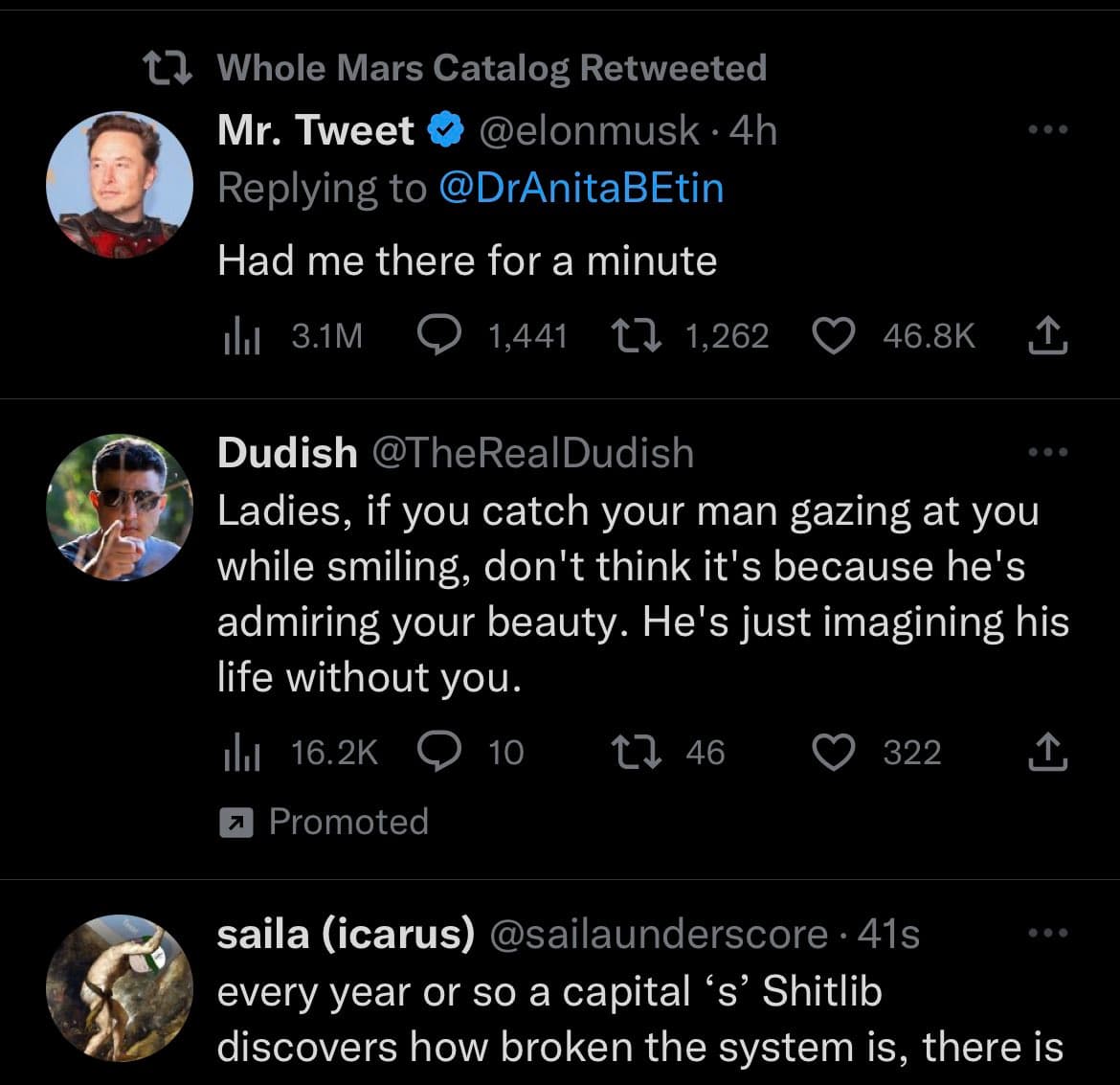 A screenshot of a Twitter feed showing a reply from Elon Musk to a promoted tweet by user Dudish. The promoted tweet contains a cynical joke about a man's gaze, which is the subject of the post's commentary.