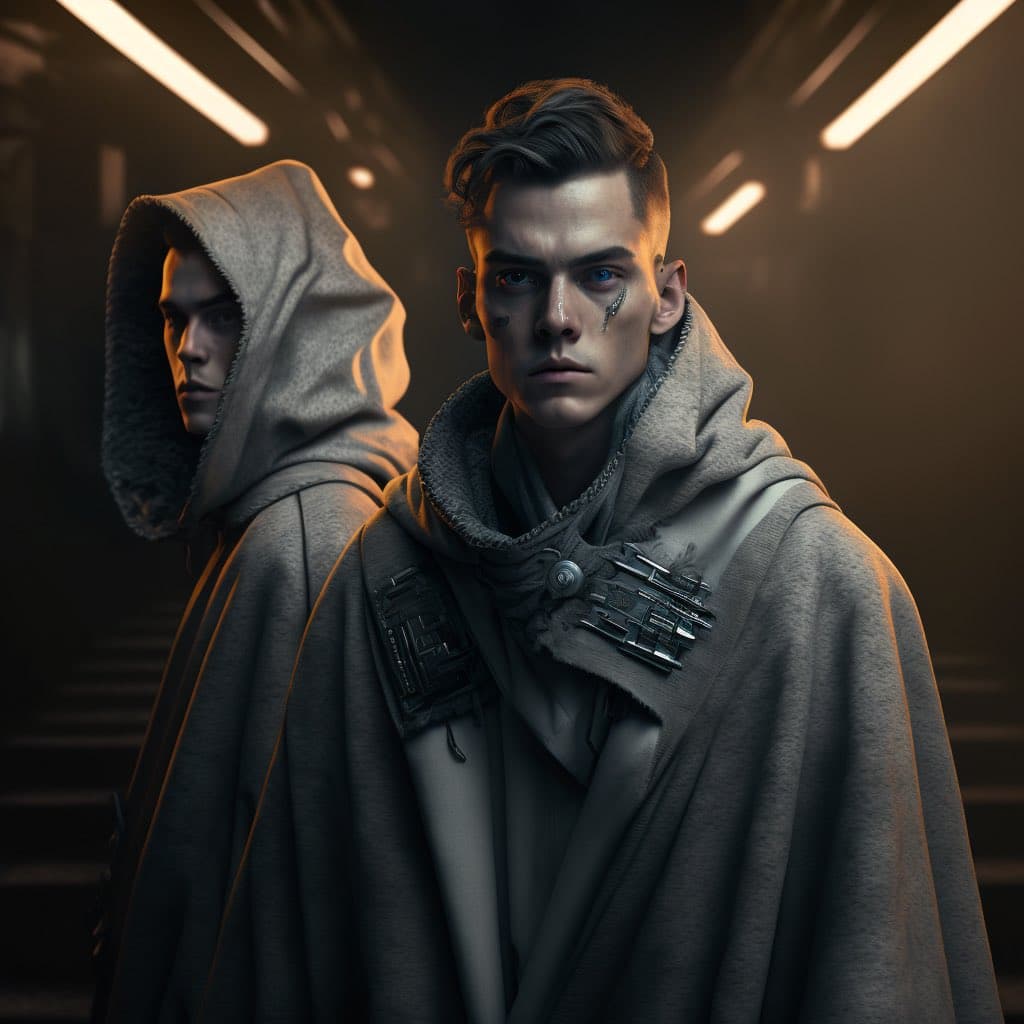 A digital illustration of two figures in futuristic, hooded cloaks standing in a dimly lit, industrial corridor. The figure in the foreground has a serious expression, blue eyes, and metallic facial markings, while the figure behind is partially obscured by their hood. The scene is illuminated by overhead fluorescent lights, creating a moody, sci-fi atmosphere.