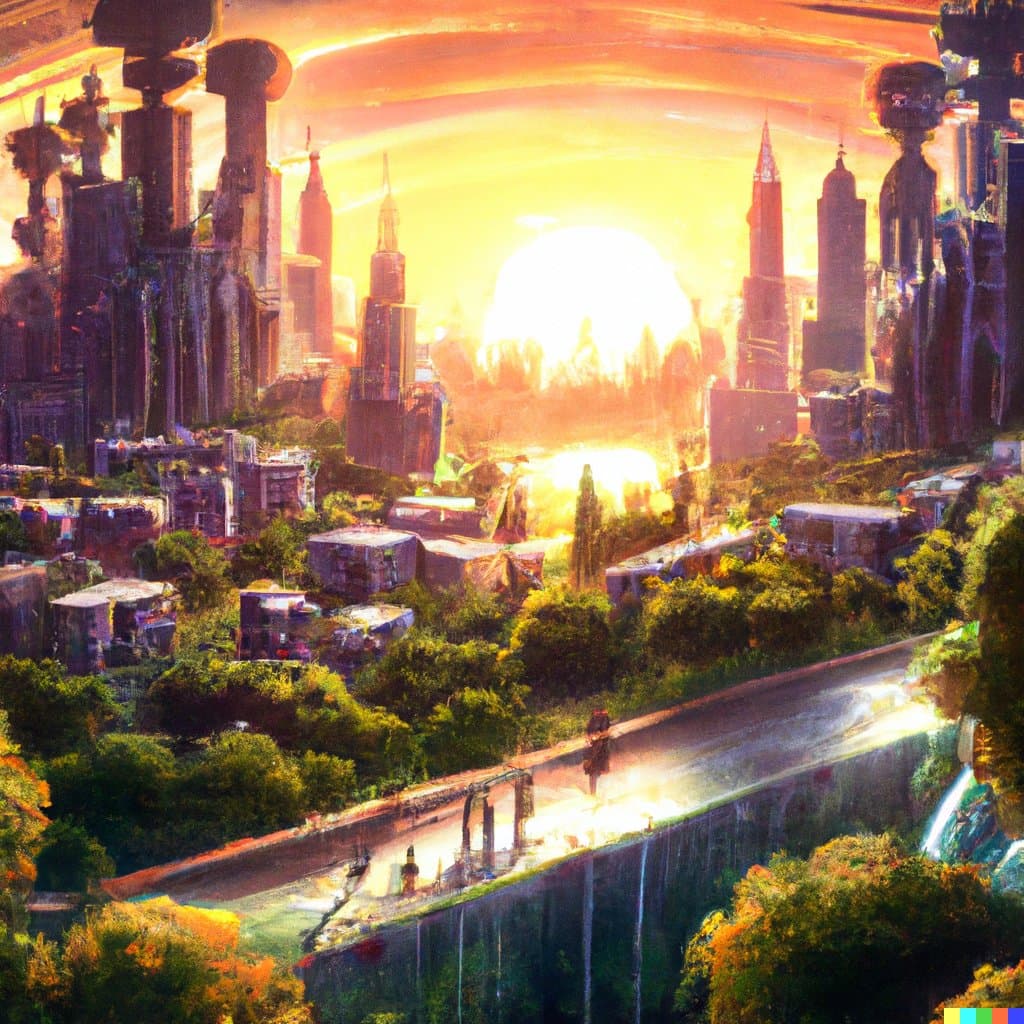 A digital artwork depicting a futuristic cityscape at sunrise, featuring towering skyscrapers and a large sun in the background, with a road and lush greenery in the foreground.