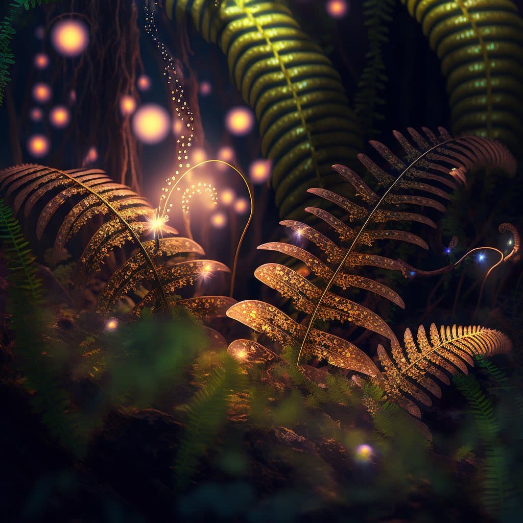 A digital illustration depicting a magical forest scene with glowing, golden ferns and floating light particles.