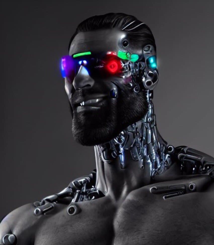 A digital 3D render of a male cyborg with a black beard, featuring exposed metallic neck and shoulder components and glowing multi-colored lights in the head.