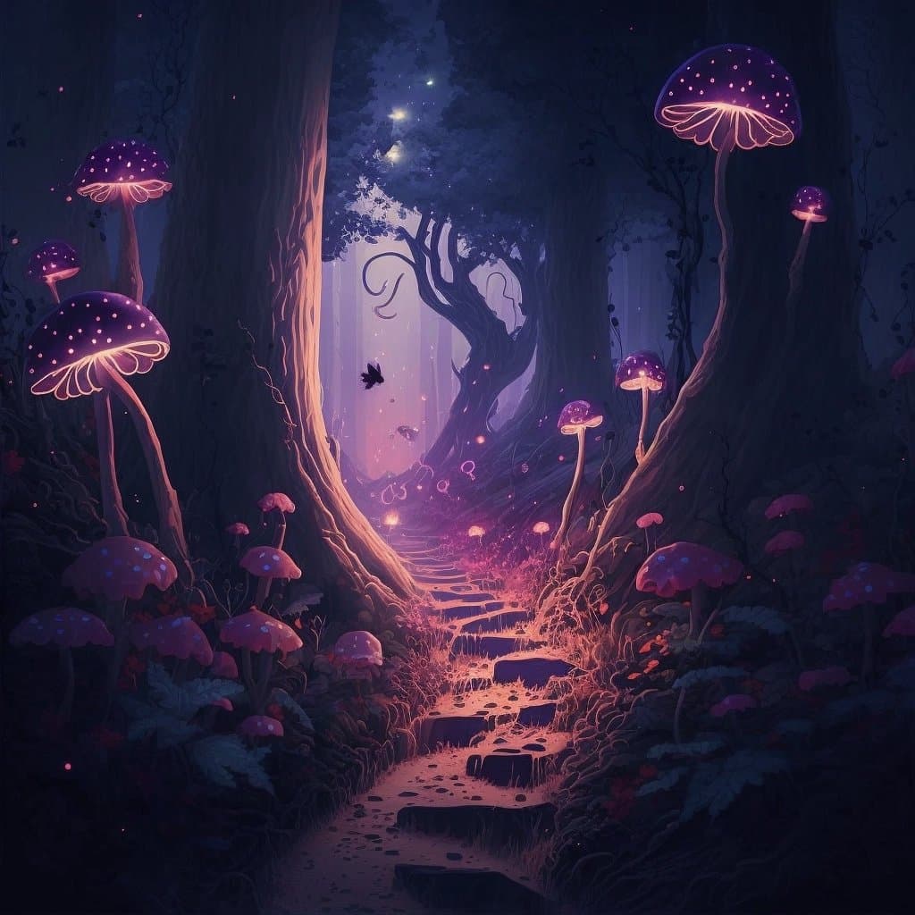 A digital fantasy illustration depicting a mystical forest path at night, illuminated by glowing purple and pink mushrooms and a soft, ethereal light in the distance. The scene features tall, dark trees, a stone-paved trail, and a small, dark bird flying in the misty air. The overall atmosphere is magical and serene, with a color palette dominated by deep purples, blues, and warm pinks.