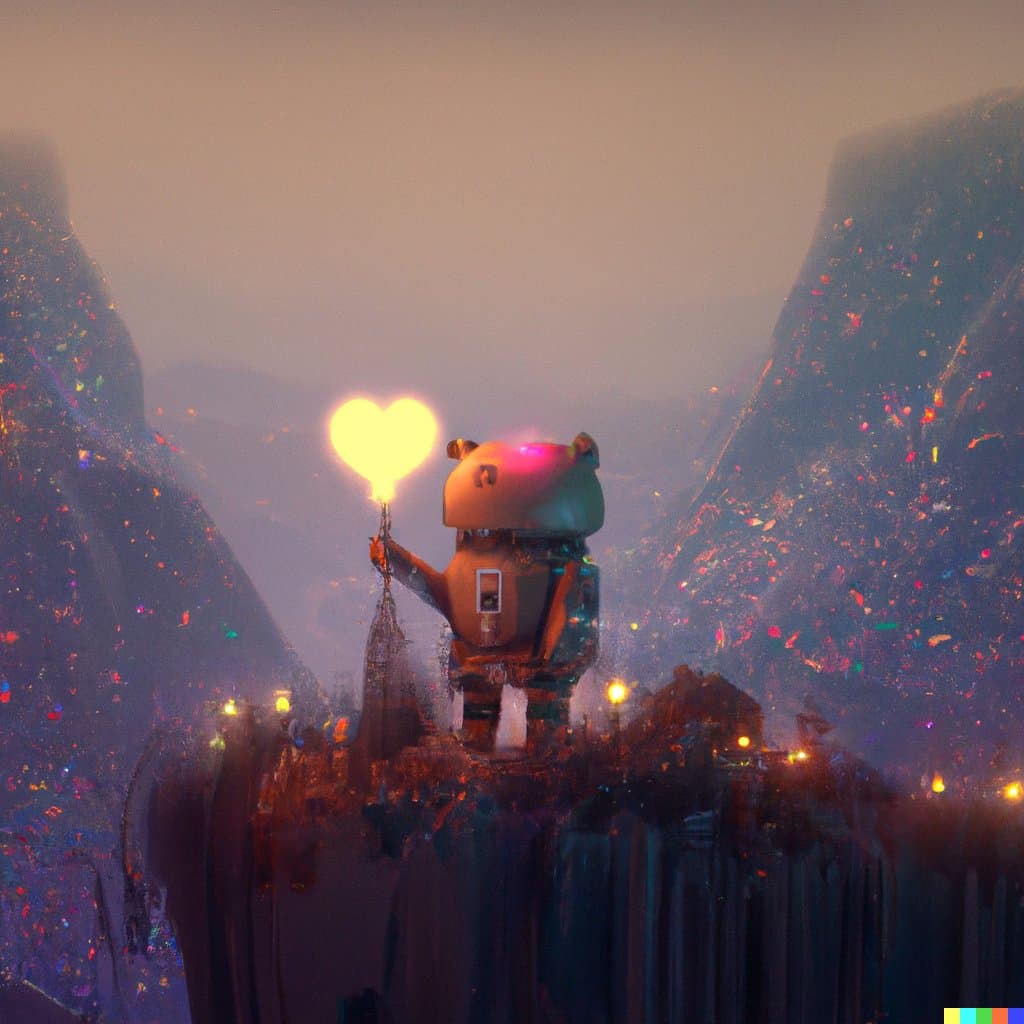 A digital illustration of a small, stylized robot standing on a rocky outcrop in a misty, mountainous landscape. The robot holds a glowing, heart-shaped lantern, and the surrounding cliffs are speckled with colorful, confetti-like lights.