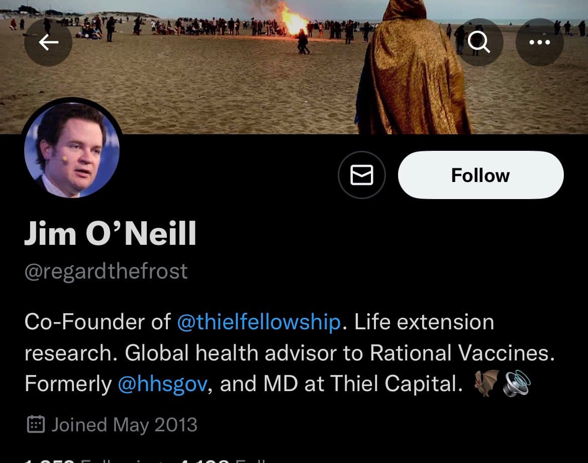 A screenshot of a Twitter profile page for the user Jim O'Neill (@regardthefrost). The profile features a beach scene with a bonfire as the header image and a circular profile picture of a man. The bio describes his professional roles, including Co-Founder of @thielfellowship and MD at Thiel Capital.