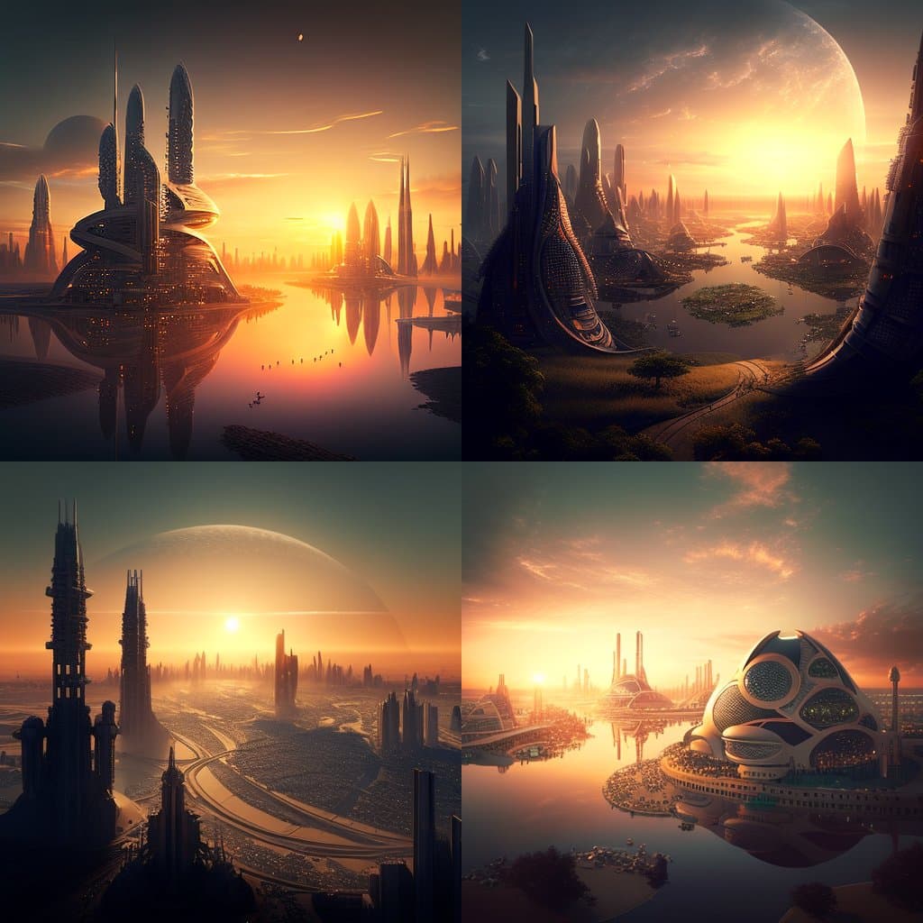 A four-panel grid of AI-generated digital art depicting futuristic, sci-fi cityscapes at sunset. The images feature sleek, organic architecture, towering spires, and large planets in the sky, rendered in warm orange and golden tones.