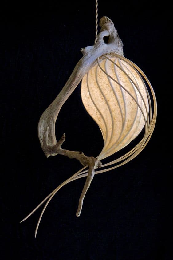 A hanging light fixture made from a piece of driftwood and a woven, spherical shade, illuminated from within against a black background. The fixture features long, thin strands extending from the bottom of the shade.