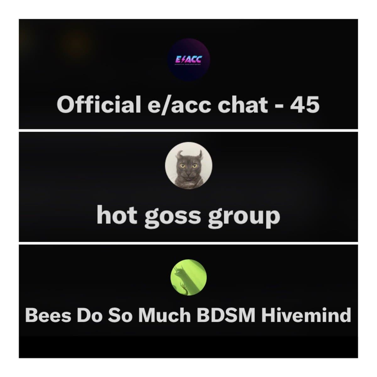 A screenshot of a chat application interface displaying a list of three group chats. Each entry shows a circular profile picture and the group's name.
