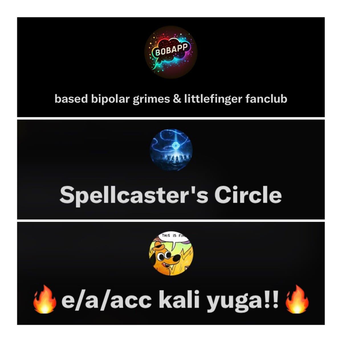 A screenshot displaying a list of three group chat profiles, each featuring a unique avatar and a humorous name.