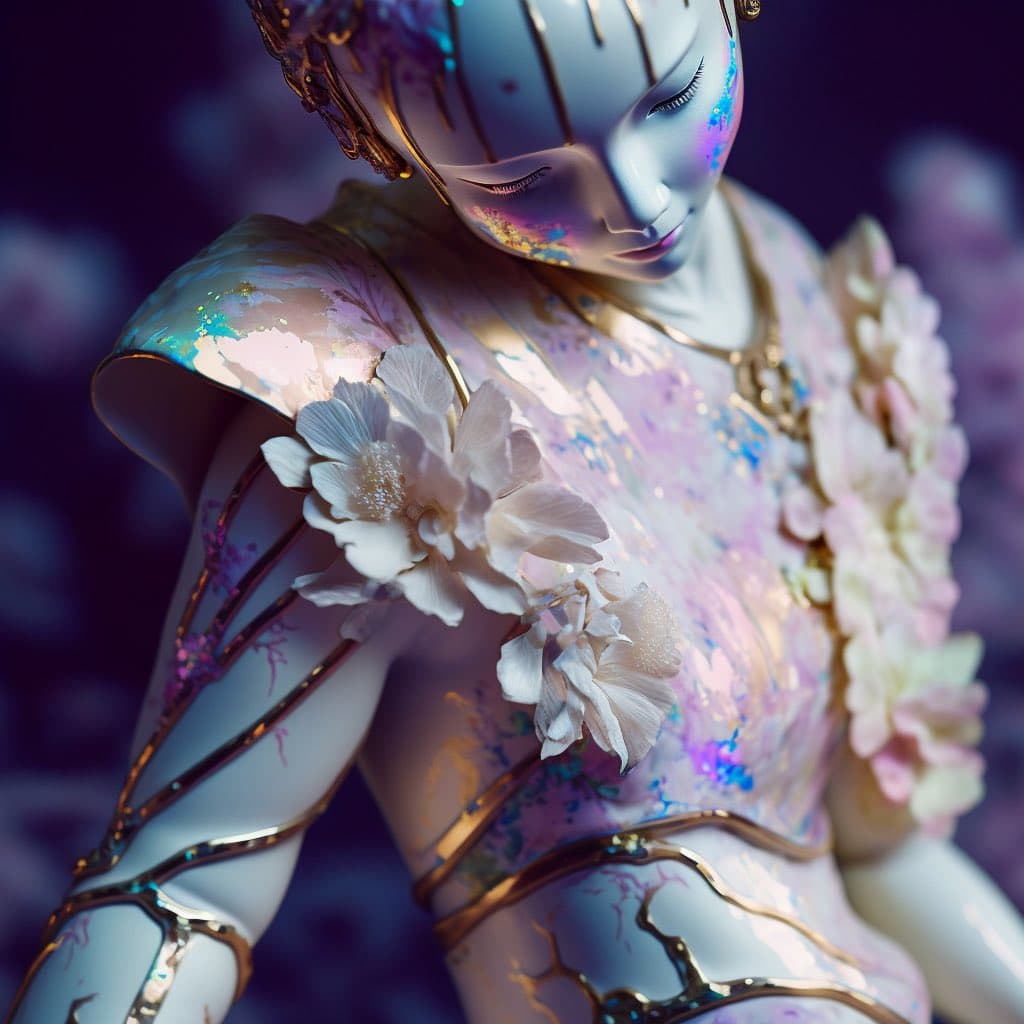 A close-up, 3D-rendered portrait of a stylized figure with a porcelain-like face and body, adorned with iridescent paint, gold accents, and large white flowers on the shoulder. The figure has closed eyes and a serene expression, set against a soft, blurred purple background.