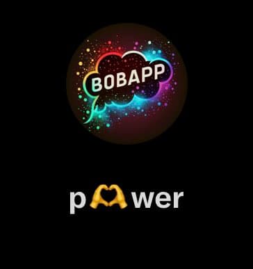 A graphic featuring a circular logo with the text 'BOBAPP' surrounded by colorful, glowing particles on a black background. Below the logo is the word 'power' in white text, with the letter 'o' replaced by a golden infinity symbol.