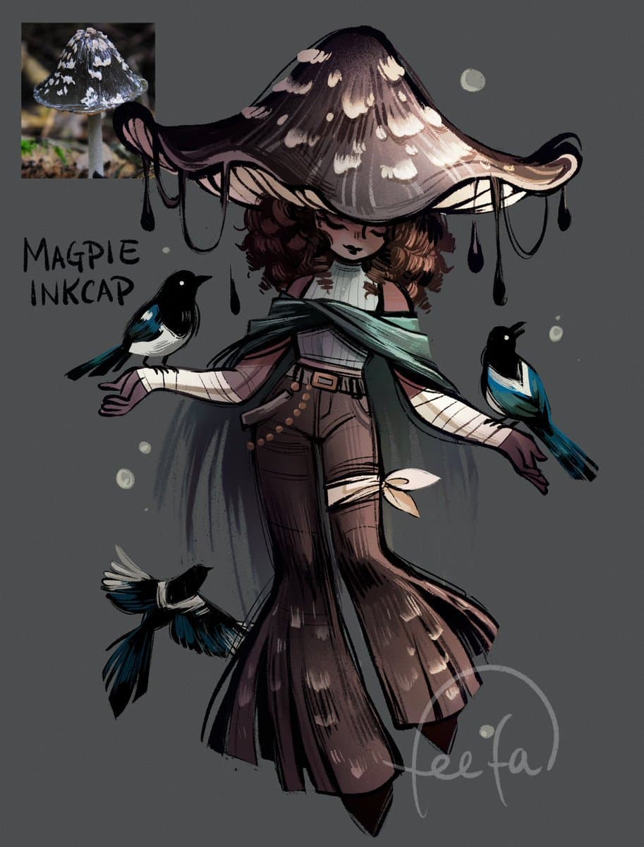 A digital illustration of a witch character wearing a large, spotted mushroom cap as a hat, with magpies perched on her arms and flying nearby. A small reference photo of a real magpie inkcap mushroom is shown in the top left corner, and the text 'MAGPIE INKCAP' is written on the left side.