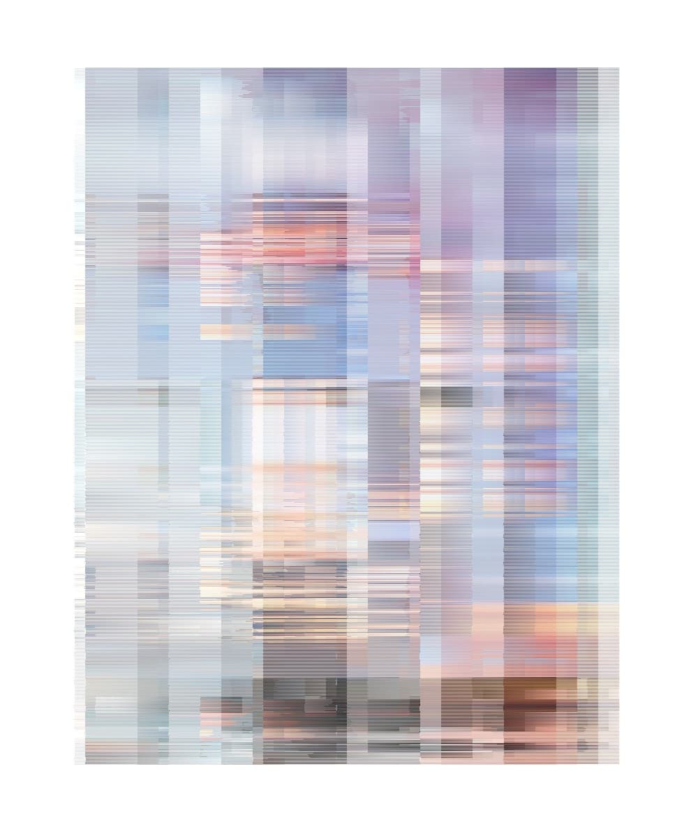 A pixelated, low-resolution image showing a person with light hair and a pink top against a blue background. The image is heavily distorted with horizontal digital artifacts, making specific details difficult to discern.