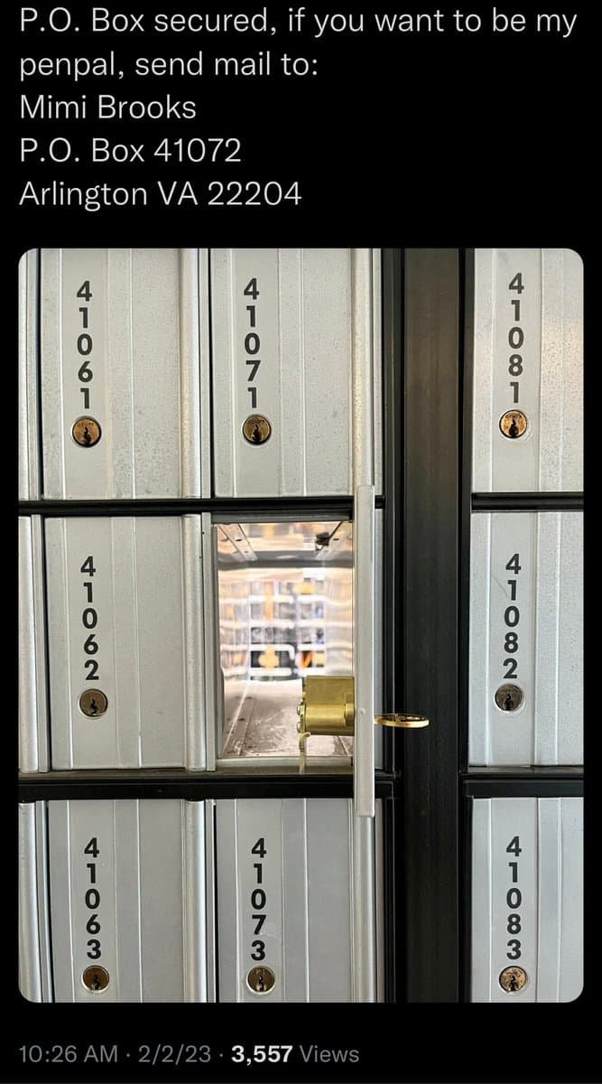 A screenshot of a social media post featuring a photo of a bank of metal mailboxes. The image includes a text overlay at the top providing a P.O. Box address and a timestamp at the bottom.