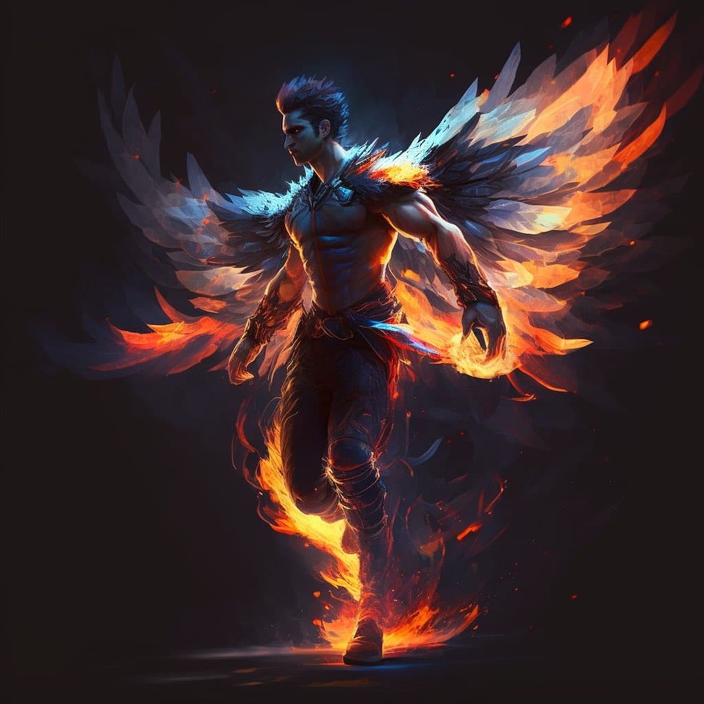 A digital fantasy illustration of a muscular, winged humanoid figure with large feathered wings, depicted in a dynamic pose against a dark background. The figure is surrounded by stylized flames and glowing embers, with fire effects integrated into the wings and lower body. The artwork features high-contrast lighting and a dramatic, ethereal aesthetic.