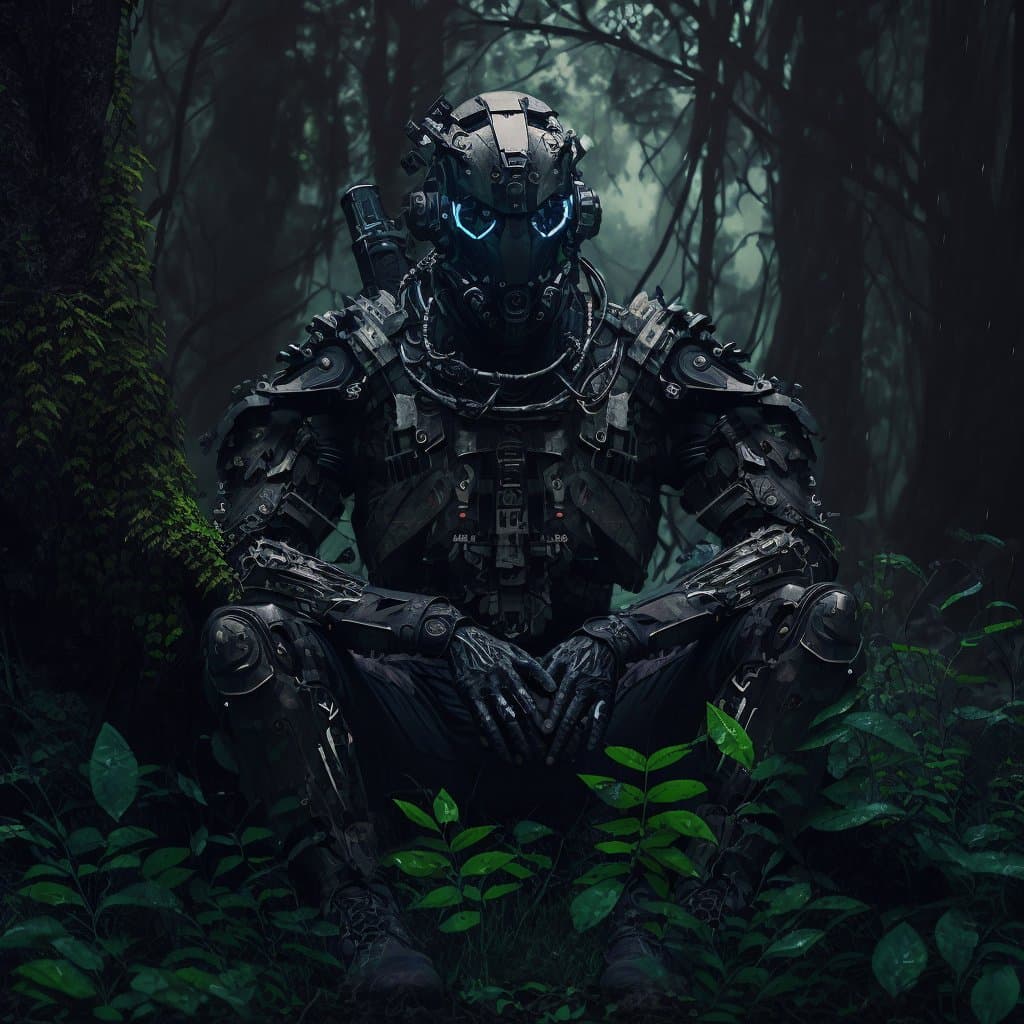 A digital artwork depicting a heavily armored, cybernetic humanoid figure sitting in a dark, misty forest. The robot has glowing blue eyes and is surrounded by green foliage and trees.