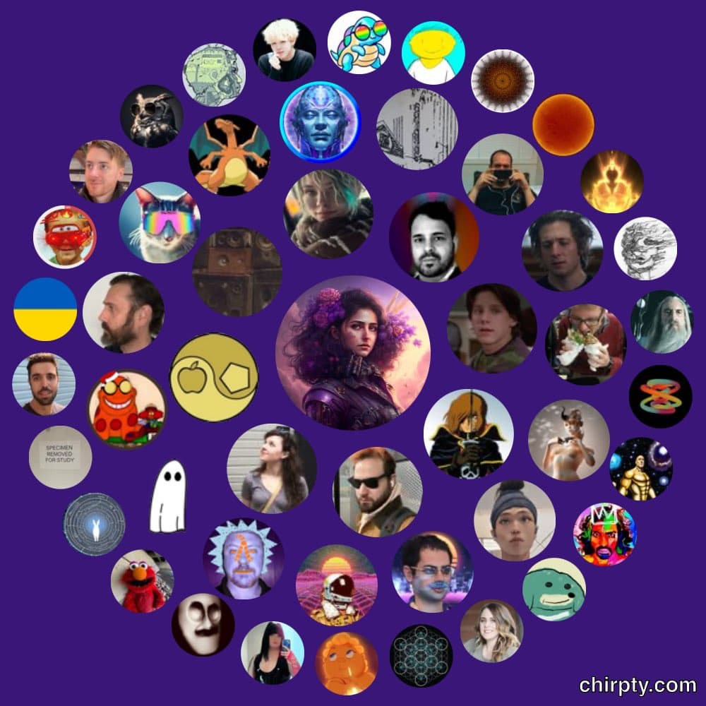 A collage of circular profile pictures arranged in a heart shape on a purple background, with the watermark "chirpty.com" in the bottom right corner. The image is a Chirpty, a visual representation of a user's Twitter followers.