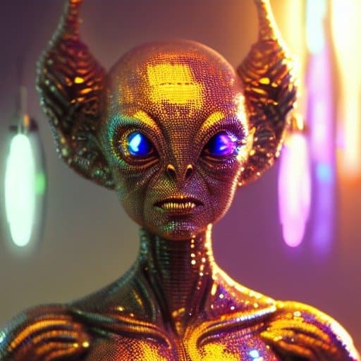A digital illustration of a humanoid alien with a textured, iridescent skin surface, large blue eyes, and prominent ear-like structures, set against a blurred background with colorful lights.