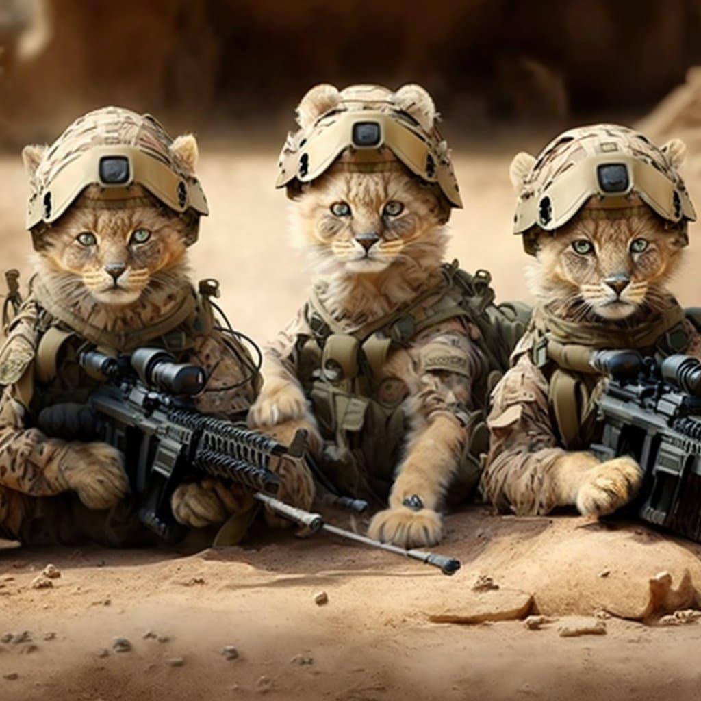 A digitally generated image showing three cats dressed in military camouflage gear, including helmets and tactical vests, while holding rifles in a desert setting.